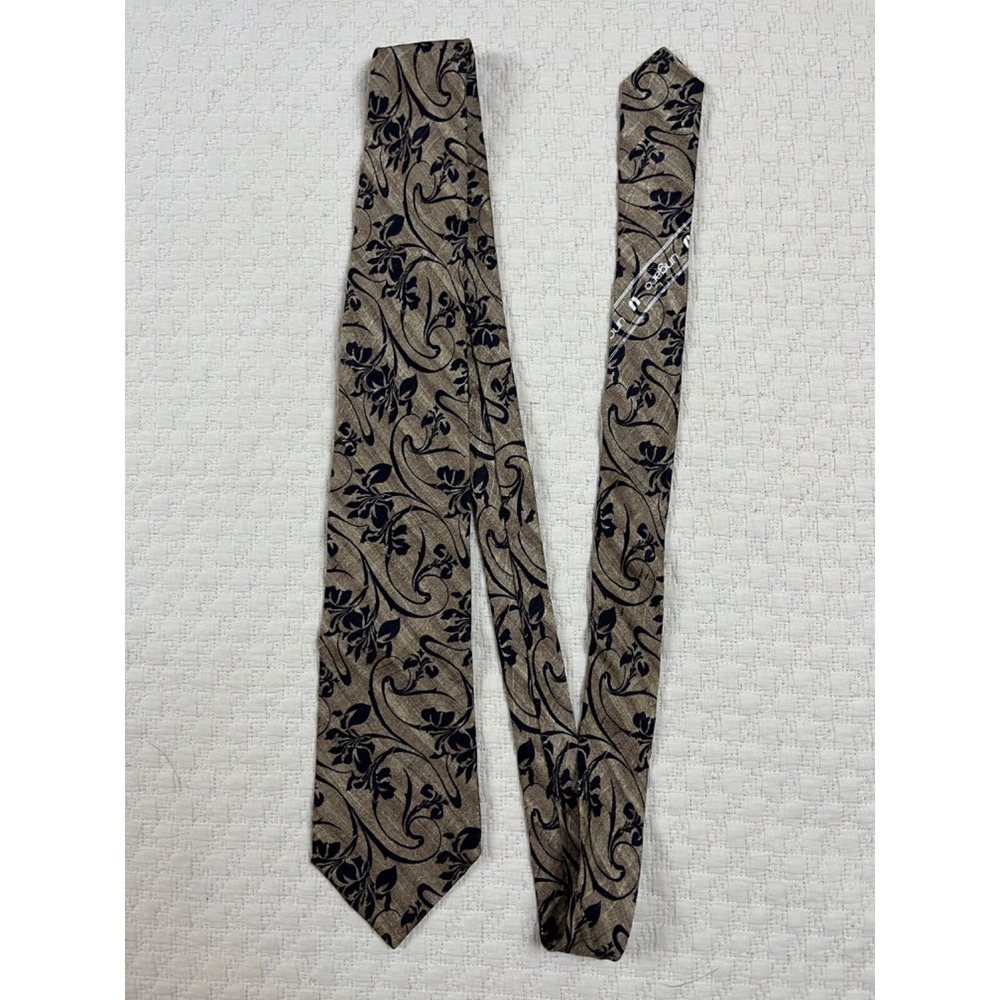 Ungaro Silk Tie Fleur de Lis Hand Made Spain | Tan Brown | 3.25"W 56"L